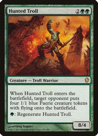 Troll warrior card art, fiery landscape, green and brown tones, 8/4 stats.