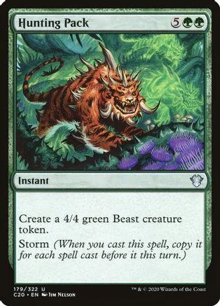 Red-brown beast creature on green foliage, Hunting Pack instant card.