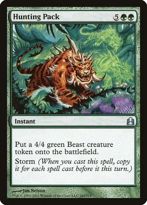 Orange, spiky beast on green forest background. Magic: The Gathering card.