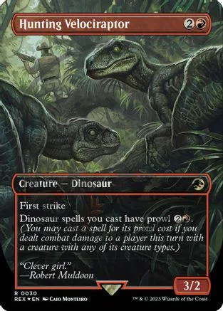 Dark green dinosaur creature card art, Hunting Velociraptor, 3/2.