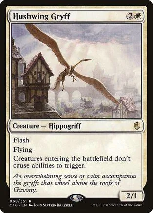 Card featuring a brown griffin flying over a village scene. Creature card.