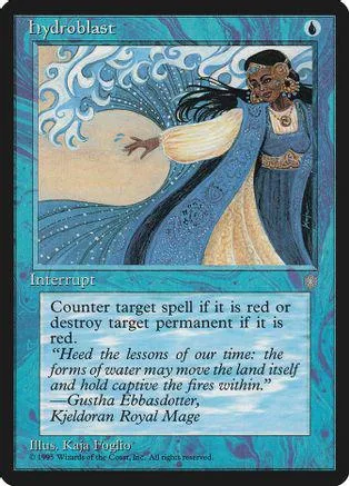 Blue and white card art of a figure amidst swirling blue water.