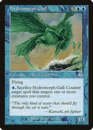 Green gull creature card art, showing bird flying over water.