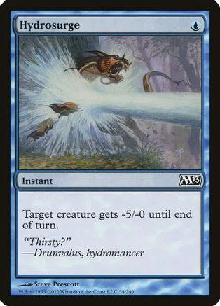 Blue and white Magic: The Gathering card, Hydrosurge, showing water surge.
