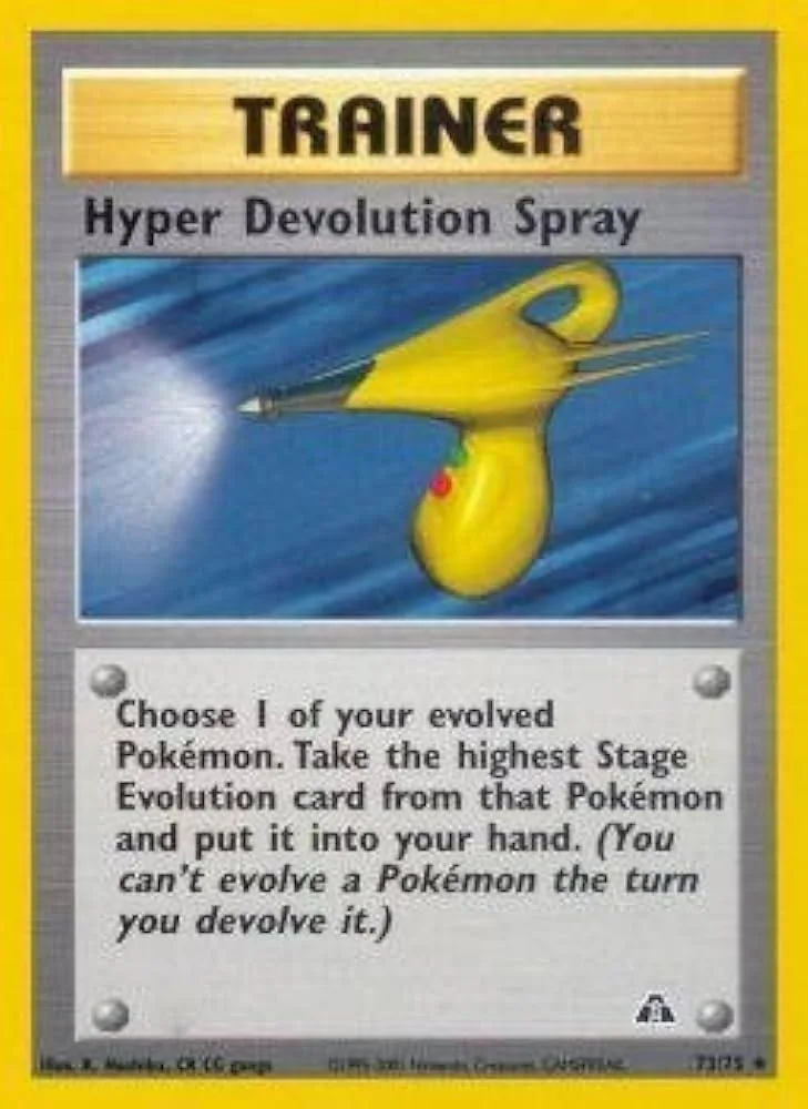 Yellow spray can card with "Trainer Hyper Devolution Spray" text.