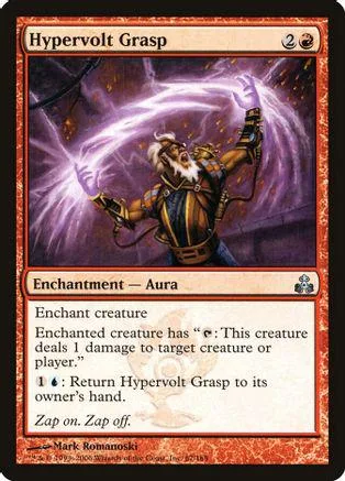 Card art depicts bearded wizard summoning purple lightning. Enchantment card.