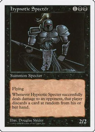 Black and grey card art of a knightly figure, "Hypnotic Specter" Magic: The Gathering card.