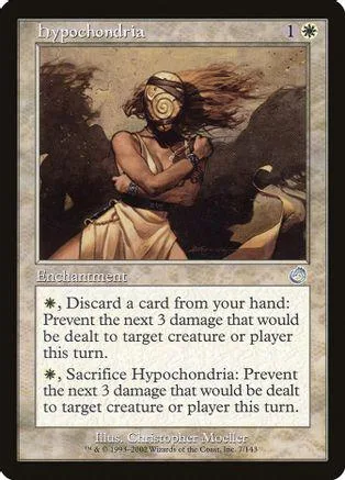 Dark fantasy card art featuring a figure with a spiral headdress. Black and brown tones.