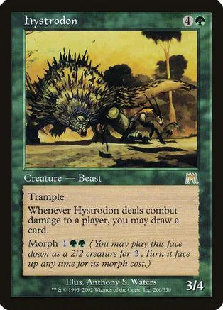 Spiky beast creature card, green and yellow art, black border.