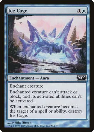 Blue and white dragon on a fantasy landscape card, Ice Cage enchantment.