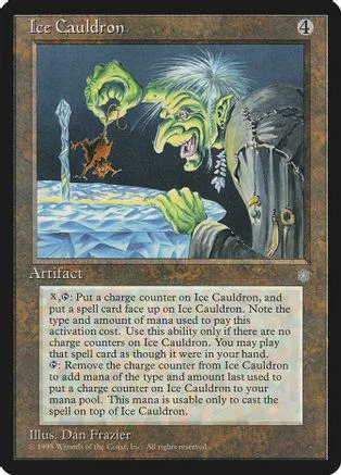 Green goblin creature on dark blue card art. Ice Cauldron artifact card.