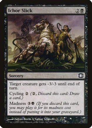 Dark fantasy card art featuring a white horse and robed figures. Sorcery card.