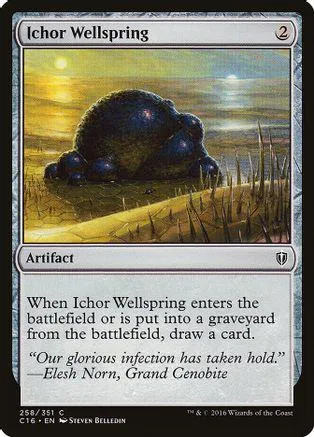 Dark, glowing sphere on grassy field art. Black and gold card frame.