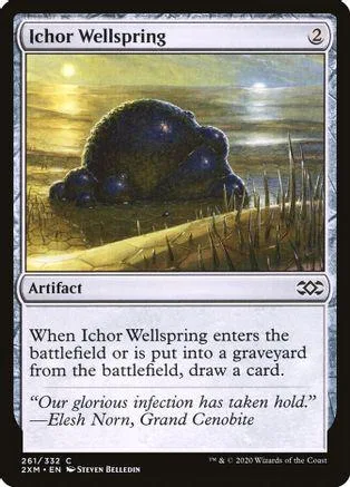 Dark, glowing creature on grassy field, black and gold card art.