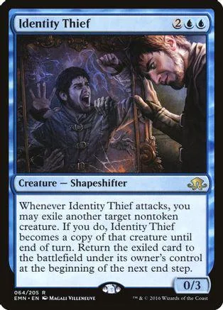 Dark fantasy art card featuring two figures; Identity Thief creature card.
