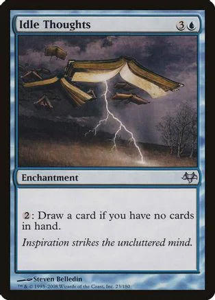 Magic: The Gathering card, Idle Thoughts, dark sky with lightning over a tent.