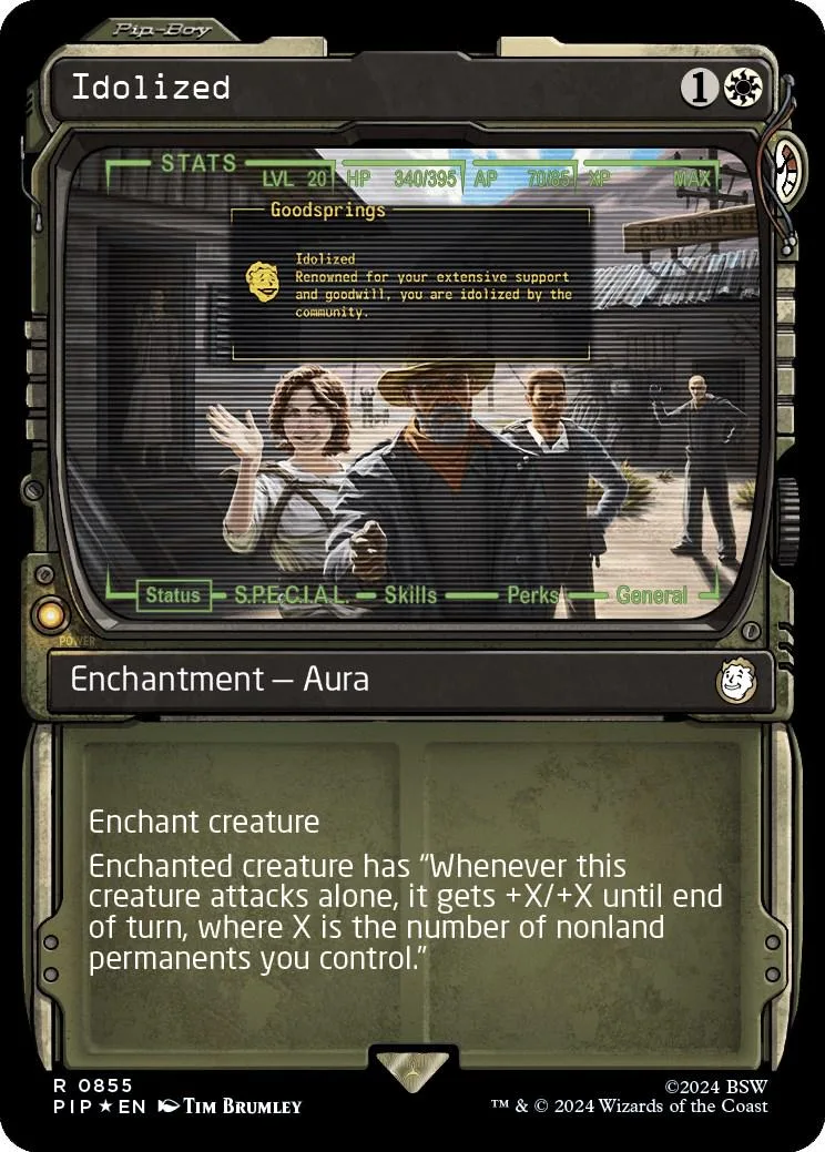 Trading card featuring a woman with raised hands, green and black design.
