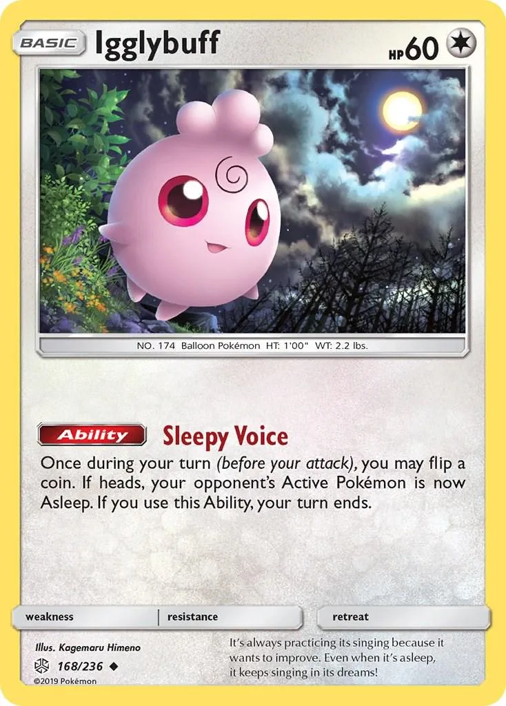 Pink, round Pokémon card featuring a cute creature against a night sky.