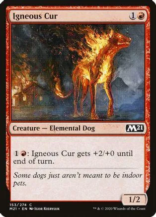 Fiery dog creature card art, orange and yellow flames, M21 set.