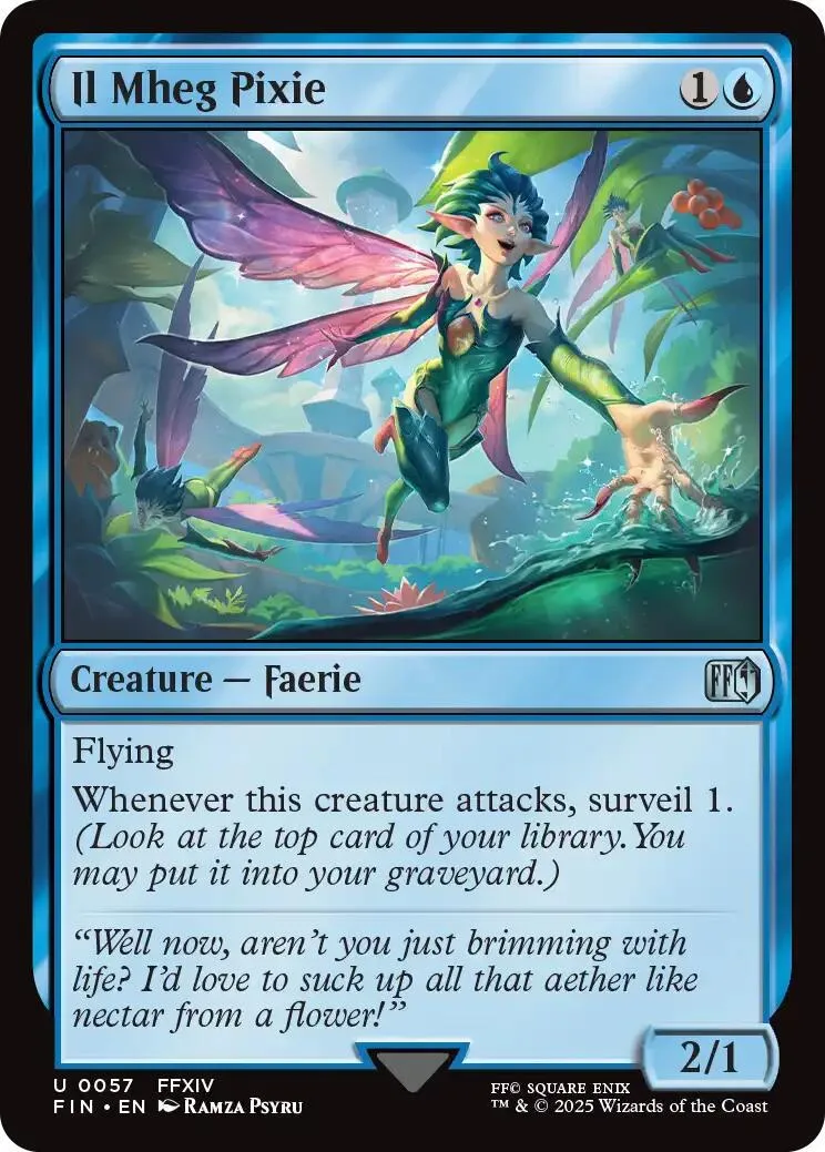 Fairy creature card art: winged figure in green and pink, flying through a lush forest.