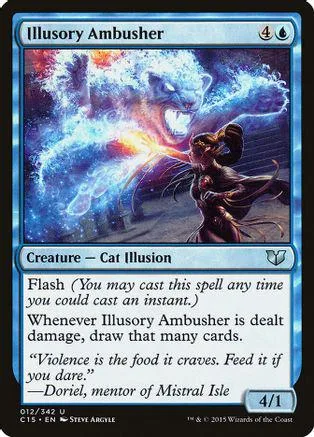 Blue and purple card art of a dark figure with a glowing, monstrous cat illusion.