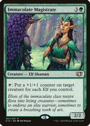 Elf shaman with purple hair and green attire on a Magic: The Gathering card.