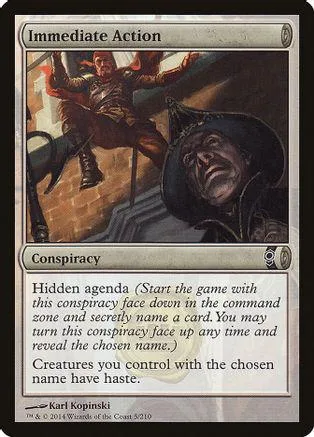 Dark fantasy art card featuring a man in a hood and a figure in action.