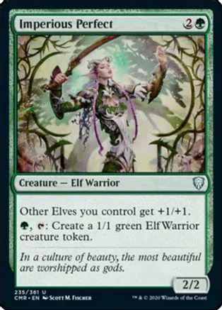 Elf warrior in green and white armor wielding a sword, on a Magic: The Gathering card.
