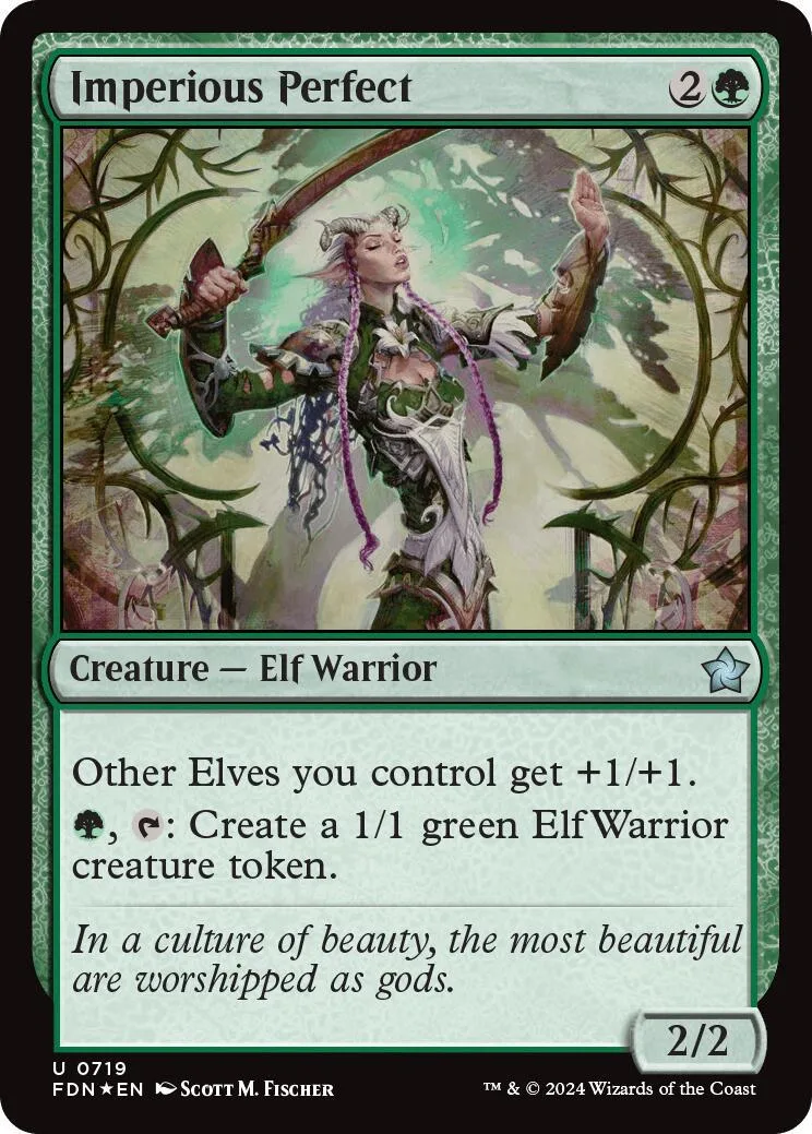 Elf warrior with sword in forest setting, green and brown tones, card art.
