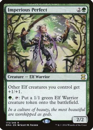 Elf warrior with staff in a forest setting on a Magic: The Gathering card.