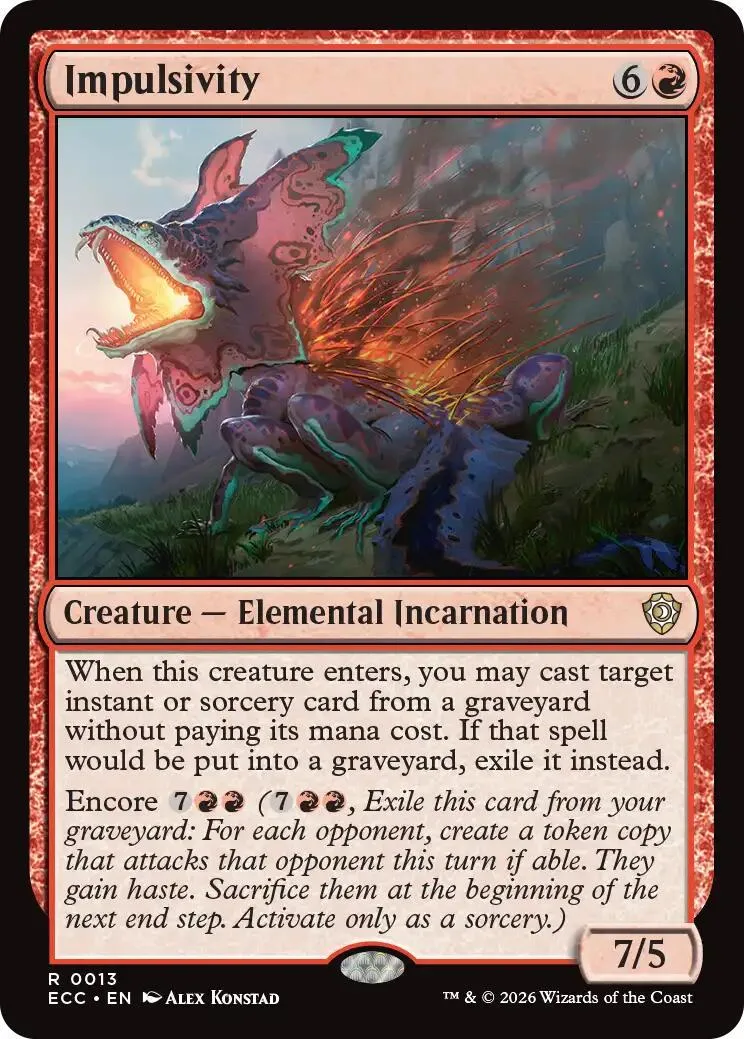 Red and purple elemental creature card art, showing a large, fiery beast.