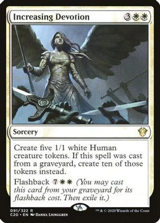 White and black card art featuring winged figure, "Increasing Devotion" spell.