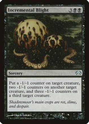 Black and brown fungal creatures on a dark background. Incremental Blight Magic card.