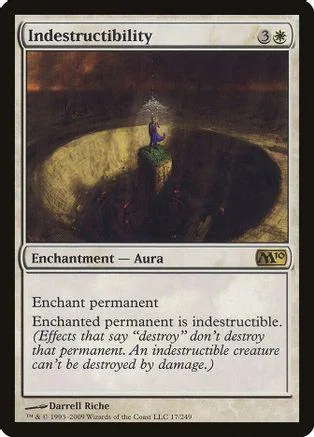 Magic: The Gathering card, "Indestructibility," dark fantasy art, white border.