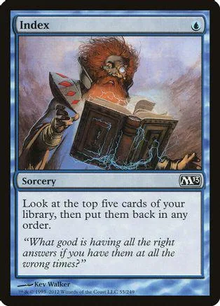 Red-haired wizard reads a large book, blue and brown card art.