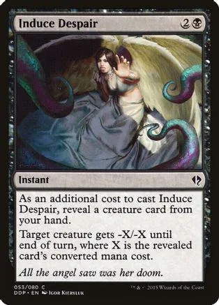 Dark fantasy art card featuring a woman with wings and dark, swirling energy.