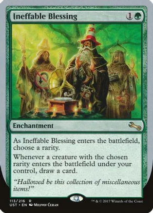 Green card art featuring bearded figures in a forest setting. Ineffable Blessing enchantment.