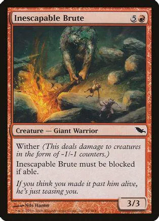 Giant warrior creature card art, dark green and brown tones, showing a large beast.