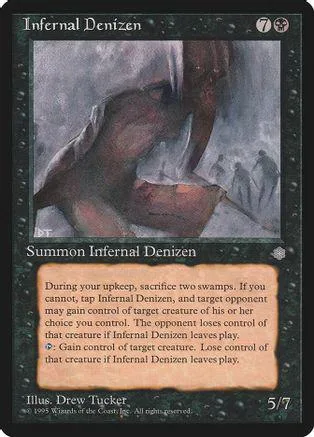 Dark fantasy art card featuring a large, shadowy figure. Black and gray tones.