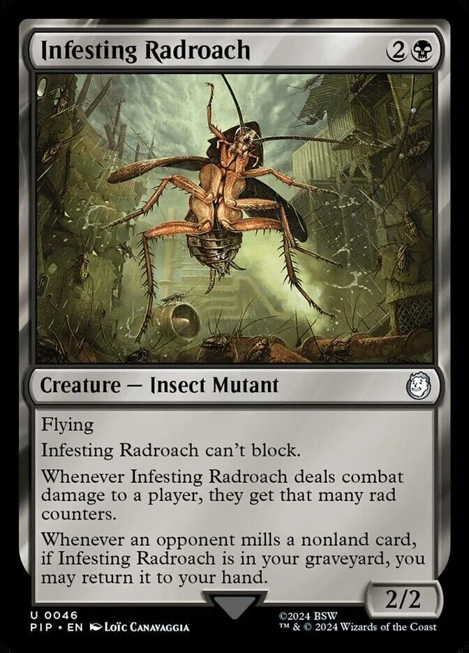 Insect mutant creature card, dark green and brown art, showing large roach.