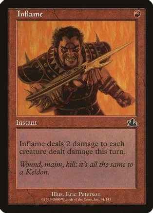 Dark-skinned, muscular figure with spiky hair holding a trident on a fiery orange background.