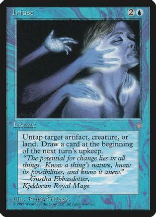 Blue and black Magic: The Gathering card, "Infuse," featuring a pale, ethereal figure.
