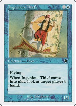 Card art shows man in red robes on a vine-covered structure. Ingenious Thief.