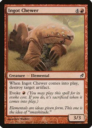 Brown, reptilian creature on a card with text and mana symbols.