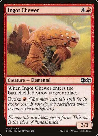 Orange, spotted lizard creature card art. Creature type, elemental.