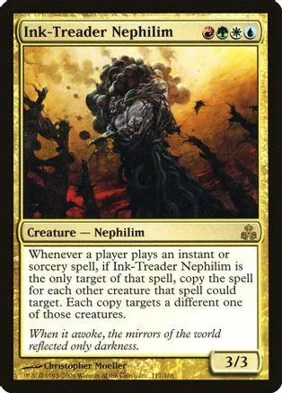 Dark, monstrous creature on a gold and black card. Ink-Treader Nephilim.