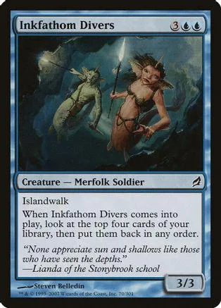 Merfolk soldier card art: woman and sea creature in dark blue water.