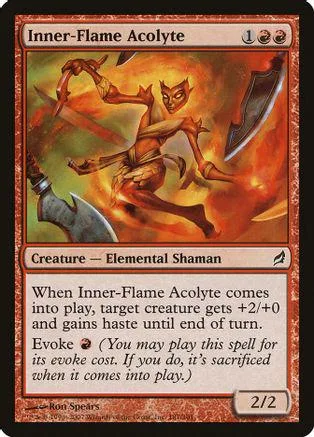 Elemental shaman creature card art: fiery scene with orange and brown tones.