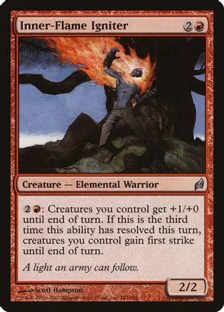 Warrior figure engulfed in fire, dark forest background, Magic: The Gathering card.