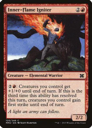 Dark figure engulfed in fire attacking a tree on a Magic card.